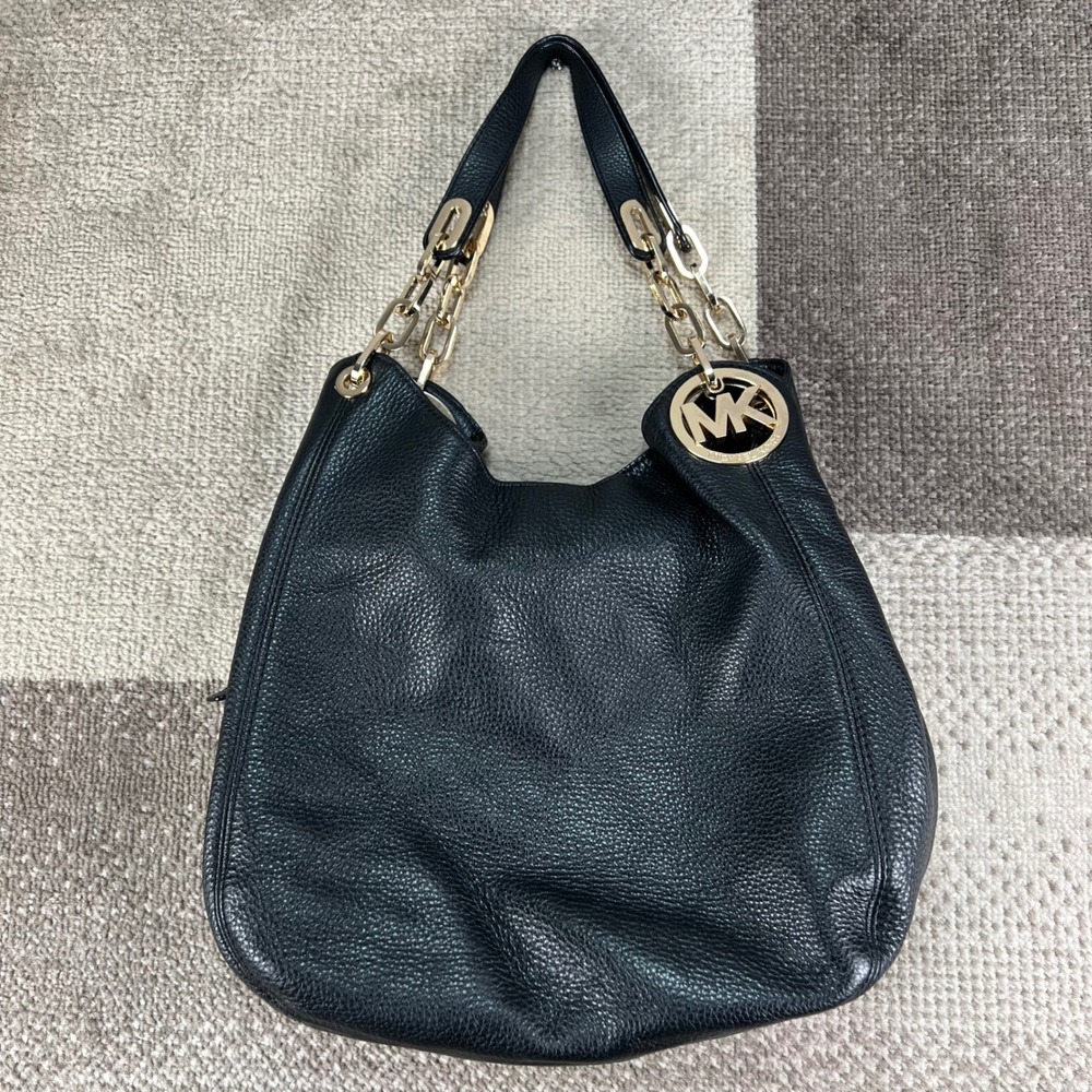 Michael Kors Black Pebbled Leather Fulton Large Hobo Shoulder Bag Gold Hardware